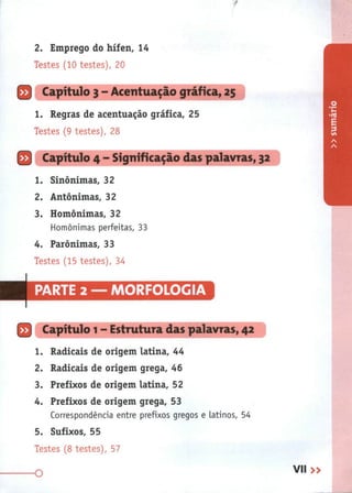 2. Emprego do hífen, 14
Testes (10 testes), 20
QCapítulo3-Acentuaçãográfica,25
1. Regras de acentuação gráfica, 25
Testes (9 testes), 28
Q Capítulo 4 - Significação das palavras, 32
1. Sinónimas, 32
2. Antónimas, 32
3. Homónimas, 32
Homónimas perfeitas, 33
4. Parônimas, 33
Testes (15 testes), 34
PARTE 2 - MORFOLOGIA
Q Capítulo 1 - Estrutura das palavras, 42
1. Radicais de origem latina, 44
2. Radicais de origem grega, 46
3. Prefixos de origem latina, 52
4. Prefixos de origem grega, 53
Correspondência entre prefixos gregos e latinos, 54
5. Sufixos, 55
Testes (8 testes), 57
 