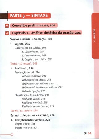 PARTE 3 - SINTAXE
Q Conceitos preliminares, 202
Q
Classificação do sujeito, 206
1. Determinado, 206
2. Indeterminado, 206
3. Orações sem sujeito, 208
Testes (10 testes), 209
2. Predicado, 214
Predicação verbal, 214
Verbo intransitivo, 214
Verbo transitivo direto, 215
Verbo transitivo indireto, 215
Verbo transitivo direto e indireto, 215
Verbo de ligação, 215
Classificação do predicado, 218
Predicado verbal, 218
Predicado nominal, 219
Predicado verbo-nominal, 219
Testes (12 testes), 220
Termos integrantes da oração, 226
1. Complementos verbais, 226
Objeto direto, 226
Objeto indireto, 228
Capítulo i - Análise sintática da oração, 204
Termos essenciais da oração, 204
1. Sujeito, 204
O XI »
 