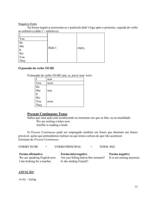 Negative Form
        Na forma negativa acrescenta-se o partícula didn´t logo após o pronome, seguida do verbo
no infinitivo (didn´t + infinitivo):
 I
 You
 He
 She
                          Didn´t                enjoy.
 It
 We
 You
 They

O passado do verbo TO BE

       O passado do verbo TO BE (am, is, are) é was/ were:
             I        was
             You      were
             He
             She      was
             It
             We
             You      were
             They

       Present Continuous Tense
       Indica que uma ação está acontecendo no momento em que se fala, ou na atualidade:
              We are writing a letter now.
              Jeniffer is reading a book.

       O Present Continuous pode ser empregado também em frases que denotam um futuro
provável, ações que pretendemos realizar ou que temos certeza de que irão acontecer.
Estrutura do Present Continuous:

VERBO TO BE          +       VERBO PRINCIPAL              +      TERM. ING

Forma afirmativa                  Forma interrogative                    Forma negative
We are speaking English now.      Are you felling bad at this moment?    It is not raining anymore.
I am looking for a teacher.       Is she studing French?


ATENÇÃO!

to try – trying

                                                                                              11
 