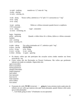 to studt – studying            mantém-se o “y” antes do “-ing
to play – playing
to carry – carrying, etc.

to die – dying       Nesses verbos, substitui-se o “ie” pelo “y" e acrescenta-se o “-ing”.
to lie – lying
to tie - tying

to put – putting                    Dobra-se a última consoante quando houver a seqüência:
CVC (consoante -
to sit – sitting                  vogal – consoante)
to swim – swimming, etc.

begin - beginning
prefer - preferring              Quando a sílaba tônica for a última, dobra-se a última consoante
também.
omit - omitting
occur - ocurring, etc.

to take – taking         Em verbos terminados em “e”, substitui-o pelo “-ing”.
to have – having         EXCEÇÕES:
to live – living         to be - being
to save – saving         to see - seeing
to shine – shining        to agree – agreeing

    Os demais verbos que não participam das exceções acima citadas mantém sua forma
    acrescida do –ing.
    Certos verbos não são flexionados no Present Continuous. São verbos que geralmente
    indicam um estado ou condição. Alguns deles são:
agree (concordar)
believe (acreditar)
belong (pertencer)
disagree (discordar)
forget (esquecer)
hate (odiar)
have (possuir)
hear (ouvir)
hope (esperar)
know (saber)
love (amar)

   O presente do verbo TO BE (is/am/are) + going to é uma estrutura muito usada antes do
   infinitivo de um verbo que expressa uma ação futura planejada, quando falamos sobre ações
   que já estão planejadas:
    “... I am finally going to retire.” (Finalmente vou me aposentar)

                                                                                              12
 