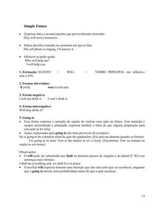 Simple Future

   Expressa fatos e acontecimentos que provavelmente ocorrerão:
   They will arrive tomorrow.

   Indica decisões tomadas no momento em que se fala:
   The cell phone is ringing. I’ll answer it.

   Oferecer ou pedir ajuda:
   Who will help me?
    I will help you.

1. Formação: SUJEITO          +     WILL           +      VERBO PRINCIPAL (no infinitivo
sem o TO)

2. Formas abreviadas:
´ll (will)         won´t (will not)

3. Forma negativa:
I will not drink it. I won’t drink it.

4. Forma interrogative:
Will they drink it?

5. Going to
    Essa forma expressa a intenção do sujeito de realizar uma ação no futuro. Esta intenção é
    sempre premeditada e planejada; expressa também a idéia de que alguma preparação para
    esta ação já foi feita;
    Ações expressadas pelo going to são mais prováveis de acontecer:
He is going to be a denstist when he gets the graduation. (Ele será um dentista quando se formar)
        I´m going to to meet Tom at the station at six o´clock. (Encontrarei Tom na estação na
estção às seis horas)

Observações:
    O will pode ser substituído por shall na primeira pessoa do singular e do plural (I/ We) em
    sentenças mais formais:
I shall do everything and we shall live in peace.
    O auxiliar will expressa fomente uma intenção que não está certo que vai acontecer, enquanto
    que o going to denota uma probabilidade maior de que a ação aconteça.




                                                                                              13
 