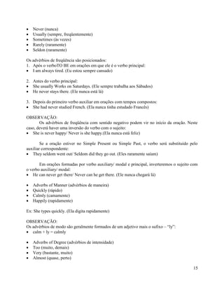 Never (nunca)
   Usually (sempre, freqüentemente)
   Sometimes (às vezes)
   Rarely (raramente)
   Seldon (raramente)

Os advérbios de freqüência são posicionados:
1. Após o verboTO BE em orações em que ele é o verbo principal:
   I am always tired. (Eu estou sempre cansado)

2. Antes do verbo principal:
   She usually Works on Saturdays. (Ele sempre trabalha aos Sábados)
   He never stays there. (Ele nunca está lá)

3. Depois do primeiro verbo auxiliar em orações com tempos compostos:
   She had never studied French. (Ela nunca tinha estudado Francês)

OBSERVAÇÃO:
       Os advérbios de freqüência com sentido negativo podem vir no início da oração. Neste
caso, deverá haver uma inversão do verbo com o sujeito:
   She is never happy/ Never is she happy.(Ela nunca está feliz)

        Se a oração estiver no Simple Present ou Simple Past, o verbo será substituído pelo
auxiliar correspondente:
   They seldom went out/ Seldom did they go out. (Eles raramente saíam)

       Em orações formadas por verbo auxiliary/ modal e principal, inverteremos o sujeito com
o verbo auxiliary/ modal:
    He can never get there/ Never can he get there. (Ele nunca chegará lá)

   Adverbs of Manner (advérbios de maneira)
   Quickly (rápido)
   Calmly (camamente)
   Happily (rapidamente)

Ex: She types quickly. (Ela digita rapidamente)

OBSERVAÇÃO:
Os advérbios de modo são geralmente formados de um adjetivo mais o sufixo – “ly”:
   calm + ly = calmly

   Adverbs of Degree (advérbios de intensidade)
   Too (muito, demais)
   Very (bastante, muito)
   Almost (quase, perto)

                                                                                          15
 