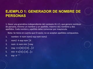 EJEMPLO 1: GENERADOR DE NOMBRE DE
PERSONAS
1. Hacer una gramática independiente del contexto (G.I.C), que genere nombres
de persona, mínimo un nombre y un apellido, máximo dos nombres y dos
apellidos. Cada nombre y apellido debe comenzar por mayúscula.
Nota: Se tiene en cuenta que Є=vacío; no se aceptan apellidos compuestos.
1. nombre → nom nom2 esp nom nom2
2. nom2 → esp nom │Є
3. nom → nom min │may
4. may → A│B│C│D│…│Z
5. min → a│b│c│d│…│z
6. esp → “ “
 