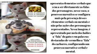 apresenta elementos verbais que
vem a ser diretamente as falas
dos personagens, nesse caso, o
processo narrativo se configura
mais pela presença desses
elementos verbais ou mentais e
não pelas ações dos personagens
representados. Nessa imagem, é
apresentado por meio dos balões
a “fala” do gato e em palavras
destacadas de vermelho a “fala”
do cachorro, configurando um
processo narrativo verbal e
mental.
 
