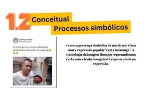 Conceitual
Processos simbólicos
1.2
1.2
vemos a presença simbólica do uso de metáfora
com a expressão popular "carta na manga". A
simbologia da imagem (homem segurando uma
carta com a fruta manga) está representada na
expressão.
 