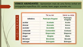 VERBOS ABUNDANTES: Apresentam mais de uma forma verbal em
conjugações específicas. EX.: aceitar, fazer, pagar, acender, etc.
E
X
E
M
P
L
O
S
 