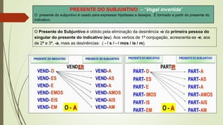 PRESENTE DO SUBJUNTIVO – “Vogal invertida”
O presente do subjuntivo é usado para expressar hipóteses e desejos. É formado a partir do presente do
indicativo.
O Presente do Subjuntivo é obtido pela eliminação da desinência -o da primeira pessoa do
singular do presente do indicativo (eu). Aos verbos de 1ª conjugação, acrescenta-se -e; aos
de 2ª e 3ª, -a, mais as desinências: ( - / s / - / mos / is / m).
 