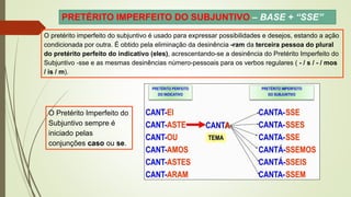 PRETÉRITO IMPERFEITO DO SUBJUNTIVO – BASE + “SSE”
O pretérito imperfeito do subjuntivo é usado para expressar possibilidades e desejos, estando a ação
condicionada por outra. É obtido pela eliminação da desinência -ram da terceira pessoa do plural
do pretérito perfeito do indicativo (eles), acrescentando-se a desinência do Pretérito Imperfeito do
Subjuntivo -sse e as mesmas desinências número-pessoais para os verbos regulares ( - / s / - / mos
/ is / m).
O Pretérito Imperfeito do
Subjuntivo sempre é
iniciado pelas
conjunções caso ou se.
 
