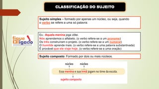 CLASSIFICAÇÃO DO SUJEITO
Sujeito simples – formado por apenas um núcleo, ou seja, quando
o verbo se refere a uma só palavra:
Ex.: Aquela menina joga vôlei.
Nós aprendemos o alfabeto. (o verbo refere-se a um pronome)
Os três construíram o projeto. (o verbo refere-se a um numeral)
O humilde aprende mais. (o verbo refere-se a uma palavra substantivada)
É provável que ele viaje hoje. (o verbo refere-se a uma oração)
Sujeito composto: Formado por dois ou mais núcleos.
 