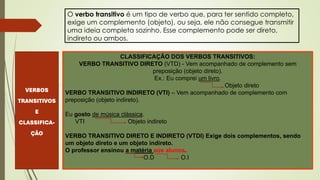 O verbo transitivo é um tipo de verbo que, para ter sentido completo,
exige um complemento (objeto), ou seja, ele não consegue transmitir
uma ideia completa sozinho. Esse complemento pode ser direto,
indireto ou ambos.
VERBOS
TRANSITIVOS
E
CLASSIFICA-
ÇÃO
CLASSIFICAÇÃO DOS VERBOS TRANSITIVOS:
VERBO TRANSITIVO DIRETO (VTD) - Vem acompanhado de complemento sem
preposição (objeto direto).
Ex.: Eu comprei um livro.
Objeto direto
VERBO TRANSITIVO INDIRETO (VTI) – Vem acompanhado de complemento com
preposição (objeto indireto).
Eu gosto de música clássica.
VTI Objeto indireto
VERBO TRANSITIVO DIRETO E INDIRETO (VTDI) Exige dois complementos, sendo
um objeto direto e um objeto indireto.
O professor ensinou a matéria aos alunos.
O.D O.I
 
