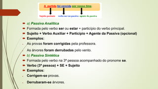  a) Passiva Analítica
 Formada pelo verbo ser ou estar + particípio do verbo principal.
 Sujeito + Verbo Auxiliar + Particípio + Agente da Passiva (opcional)
 Exemplos:
• As provas foram corrigidas pela professora.
• As árvores foram derrubadas pelo vento.
 b) Passiva Sintética
 Formada pelo verbo na 3ª pessoa acompanhado do pronome se.
 Verbo (3ª pessoa) + SE + Sujeito
 Exemplos:
• Corrigem-se provas.
• Derrubaram-se árvores.
 