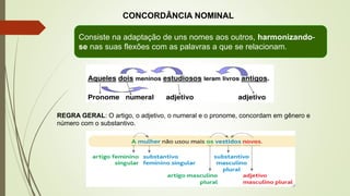 CONCORDÂNCIA NOMINAL
Consiste na adaptação de uns nomes aos outros, harmonizando-
se nas suas flexões com as palavras a que se relacionam.
REGRA GERAL: O artigo, o adjetivo, o numeral e o pronome, concordam em gênero e
número com o substantivo.
 