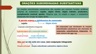As orações subordinadas substantivas são aquelas que exercem funções sintáticas
próprias do substantivo: sujeito, objeto direto, objeto indireto, predicativo,
complemento nominal, aposto. Observe que, na oração a seguir, o substantivo
destacado tem função de objeto direto:
A garota espera o telefonema do namorado.
sujeito Objeto direto
As conjunções que introduzem as orações
subordinadas substantivas são chamadas de
conjunções subordinativas integrantes. As
mais comuns são que e se.
Não sei se ela está em casa. (se) conjunção integrante
Oração principal oração subordinada substantiva objetiva direta
 