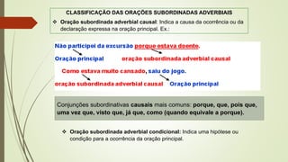 CLASSIFICAÇÃO DAS ORAÇÕES SUBORDINADAS ADVERBIAIS
❖ Oração subordinada adverbial causal: Indica a causa da ocorrência ou da
declaração expressa na oração principal. Ex.:
Conjunções subordinativas causais mais comuns: porque, que, pois que,
uma vez que, visto que, já que, como (quando equivale a porque).
❖ Oração subordinada adverbial condicional: Indica uma hipótese ou
condição para a ocorrência da oração principal.
 
