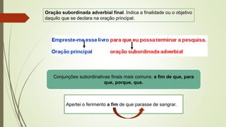 Oração subordinada adverbial final. Indica a finalidade ou o objetivo
daquilo que se declara na oração principal.
Conjunções subordinativas finais mais comuns: a fim de que, para
que, porque, que.
Apertei o ferimento a fim de que parasse de sangrar.
 