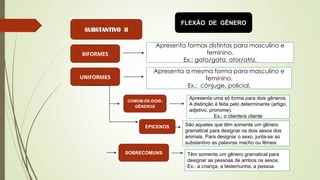 FLEXÃO DE GÊNERO
BIFORMES
UNIFORMES
Apresenta formas distintas para masculino e
feminino.
Ex.: gato/gata, ator/atriz.
Apresenta a mesma forma para masculino e
feminino.
Ex.: cônjuge, policial.
COMUM-DE-DOIS-
GÊNEROS
Apresenta uma só forma para dois gêneros.
A distinção é feita pelo determinante (artigo,
adjetivo, pronome).
Ex.: o cliente/a cliente
São aqueles que têm somente um gênero
gramatical para designar os dois sexos dos
animais. Para designar o sexo, junta-se ao
substantivo as palavras macho ou fêmea.
EPICENOS
SOBRECOMUNS Têm somente um gênero gramatical para
designar as pessoas de ambos os sexos.
Ex.: a criança, a testemunha, a pessoa.
 