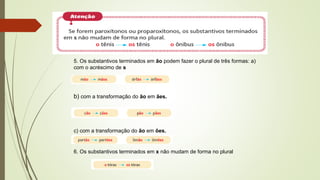 5. Os substantivos terminados em ão podem fazer o plural de três formas: a)
com o acréscimo de s
b) com a transformação do ão em ães.
c) com a transformação do ão em ões.
6. Os substantivos terminados em x não mudam de forma no plural
 