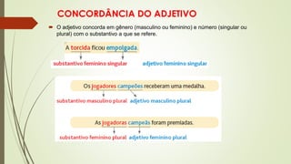 CONCORDÂNCIA DO ADJETIVO
 O adjetivo concorda em gênero (masculino ou feminino) e número (singular ou
plural) com o substantivo a que se refere.
 