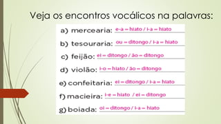 Veja os encontros vocálicos na palavras:
 