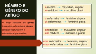 NÚMERO E
GÊNERO DO
ARTIGO
O artigo concorda em gênero
(masculino ou feminino) e número
(singular ou plural) com o
substantivo a que se refere.
 
