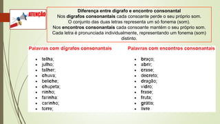 Diferença entre dígrafo e encontro consonantal
Nos dígrafos consonantais cada consoante perde o seu próprio som.
O conjunto das duas letras representa um só fonema (som).
Nos encontros consonantais cada consoante mantém o seu próprio som.
Cada letra é pronunciada individualmente, representando um fonema (som)
distinto.
 