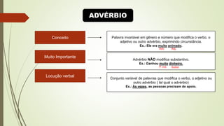 Conceito
Muito Importante
Locução verbal
Palavra invariável em gênero e número que modifica o verbo, o
adjetivo ou outro advérbio, exprimindo circunstância.
Ex.: Ele era muito animado.
Adv. Adj.
Advérbio NÃO modifica substantivo.
Ex.: Ganhou muito dinheiro.
P. ind. Subst.
Conjunto variável de palavras que modifica o verbo, o adjetivo ou
outro advérbio ( tal qual o advérbio)
Ex.: Às vezes, as pessoas precisam de apoio.
ADVÉRBIO
 