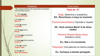 Pensando...
* Dê a carga semântica das preposições empregadas
nos enunciados abaixo:
1. Amor de mãe
Tipo/especificação
2. Anel de ouro
Material
3. Anel de noivado
Finalidade
4. Café com açúcar
Adição
5. A mãe com a companhia
Companhia
6. Graça sem limite ausência
Ausência
7. Veio de Londres
Origem / lugar
8. Veio de trem
Meio de transporte
Observações
Tipos de “A”
Artigo: Determina o substantivo.
EX.: Reconheceu a moça no momento
Pronome demonstrativo: Equivale a “aquela”.
EX.: Você conhece Maria? A de olhos
verdes!
Pronome Pessoal oblíquo átono.
Substitui o nome.
Ex.: Não a viu novamente.
Preposição: Une palavras na mesma oração
Ex.: Começou a estudar português.
 