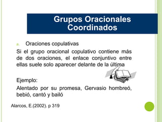 a. Oraciones copulativas
Si el grupo oracional copulativo contiene más
de dos oraciones, el enlace conjuntivo entre
ellas suele solo aparecer delante de la última
Ejemplo:
Alentado por su promesa, Gervasio hombreó,
bebió, cantó y bailó
Grupos Oracionales
Coordinados
Alarcos, E.(2002). p 319
 