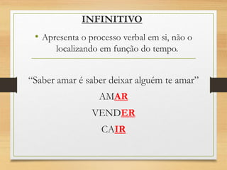 INFINITIVO
• Apresenta o processo verbal em si, não o
localizando em função do tempo.
“Saber amar é saber deixar alguém te amar”
AMAR
VENDER
CAIR
 