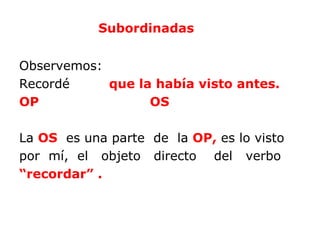 Subordinadas


Observemos:
Recordé     que la había visto antes.
OP                OS

La OS es una parte de la OP, es lo visto
por mí, el objeto directo del verbo
“recordar” .
 