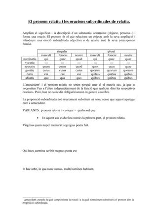 El pronom relatiu i les oracions subordinades de relatiu.

Amplien el significat i la descripció d’un substantiu determinat (objecte, persona...) i
forma una oracio. El pronom és el que relaciona un objecte amb la seva ampliació i
introdueix una oració subordinada adjectiva o de relatiu amb la seva corresponent
funció.

                               singular                                        plural
                 masculí        femení          neutre        masculí         femení          neutre
nominatiu          qui            quae          quod            qui            quae           quae
 vocatiu            ---            ---            ---            ---             ---           ---
 acusatiu         quem           quam           quod           quos             quas          quae
  genitiu         cuius          cuius          cuius         quorum          quarum         quorum
   datiu           cui             cui           cui          quibus          quibus         quibus
  ablatiu          quo            qua            quo          quibus          quibus         quibus

L’antecedent1 i el pronom relatiu no tenen perquè anar el el mateix cas, ja que es
necessiten l’un a l’altre independentment de la funció que realitzin dins les respectives
oracions. Però, han de coincidir obligatòriament en gènere i nombre.

La proposició subordinada pot sirectament substituir un nom, sense que aquest aparegui
com a antecedent.

VARIANTS: pronom relatiu + cumque = qualsevol que

             •   En aquest cas es declina només la primera part, el pronom relatiu.

Virgilius quem nuper memoravi egregius poeta fuit.




Qui haec carmina scribit magnus poeta est




In hac urbe, in qua nunc sumus, multi homines habitant.




1
 Antecedent: paraula la qual complementa la oració i a la qual normalment substitueix el pronom dins la
proposició subordinada.
 