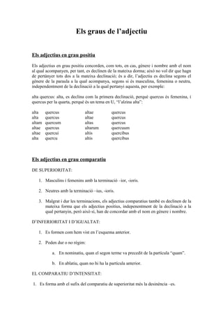 Els graus de l’adjectiu


Els adjectius en grau positiu

Els adjectius en grau positiu concorden, com tots, en cas, gènere i nombre amb el nom
al qual acompanyen, per tant, es declinen de la mateixa dorma; això no vol dir que hagn
de pertànyer tots dos a la mateixa declinació; és a dir, l’adjectiu es declina segons el
gènere de la paraula a la qual acompanya, segons si és masculina, femenina o neutra,
independentment de la declinació a la qual pertanyi aquesta, per exemple:

alta quercus: alta, es declina com la primera declinació, perquè quercus és femenina, i
quercus per la quarta, perquè és un tema en U, “l’alzina alta”:

alta    quercus              altae          quercus
alta    quercus              altae          quercus
altam   quercum              altas          quercus
altae   quercus              altarum        quercuum
altae   quercui              altis          quercibus
alta    quercu               altis          quercibus



Els adjectius en grau comparatiu

DE SUPERIORITAT:

   1. Masculins i femenins amb la terminació –ior, -ioris.

   2. Neutres amb la terminació –ius, -ioris.

   3. Malgrat i dur les terminacions, els adjectius comparatius també es declinen de la
      mateixa forma que els adjectius positius, indepenentment de la declinació a la
      qual pertanyin, però això sí, han de concordar amb el nom en gènere i nombre.

D’INFERIORITAT I D’IGUALTAT:

   1. Es formen com hem vist en l’esquema anterior.

   2. Poden dur o no règim:

           a. En nominatiu, quan el segon terme va precedit de la partícula “quam”.

           b. En ablatiu, quan no hi ha la partícula anterior.

EL COMPARATIU D’INTENSITAT:

1. Es forma amb el sufix del comparatiu de superioritat més la desinència –es.
 