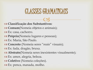  Classificação dos Substantivos:
 Comum(Nomeia objetos e animais);
 Ex: casa, cachorro.
 Próprio(Nomeia lugares e pessoas);
 Ex: Maria, São Paulo.
 Concreto (Nomeia seres “reais” visuais);
 Ex: fada, dragão, bruxa.
 Abstrato(Nomeia seres inexistentes visualmente);
 Ex: amor, alegria, beleza.
 Coletivo (Nomeia coleções).
 Ex: penca, manada, molho.
CLASSES GRAMATICAIS
 