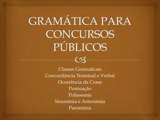 Classes Gramaticais
Concordância Nominal e Verbal
Ocorrência da Crase
Pontuação
Polissemia
Sinonímia e Antonímia
Paronímia
 