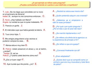 1.  Lola:  ¡No me digas que coincidiste con tu novio en el seminario de Almería! Isabel:  Sí,  aunque no nos conocimos entonces... C.   ¿Sabemos ya si empezaron a salir en esas jornadas? 6.  Mis amigos preguntaron a los vecinos si pudieron comprar la casa... B.   ¿Quién pretendía adquirir una vivienda? 2.  Nuria:  ¿Has hablado con Mario? Ángela:  La verdad es que no quise molestarlo… H.   ¿Conversó finalmente con él? 5.  Tuvo cinco hijos. I.   ¿Eran adoptados? 4.  El miércoles supo que había ganado la lotería. A .   ¿Recibió la noticia ese mismo día? 8.  Policía : Usted presenció el atraco y vio al ladrón, ¿verdad? Testigo : Sí, así es. Policía:  ¿Y podría usted decirme cómo era? D.  ¿Por qué o por quién pregunta ? ¿Por el robo o por el autor del robo? 7.  Marisa estuvo muy bien. G.   ¿Se refiere a que era guapa? 10.  Ayer tuviste que irte pronto, ¿no? E.  ¿Se marchó rápidamente o no? 3.  Parecía un gorila. J.   ¿Quiere decir que se comportó como un animal o que era muy musculoso y todo lleno de pelos? 9  ¿ Era  un buen viaje? F.   ¿Se refiere a la oferta de la agencia o a tu experiencia de principio a fin? ¿A qué ejemplo se refiere cada pregunta? ¿Puedes contestarlas teniendo en cuenta si usa indefinido o imperfecto? A. B. C. D. E. F. G. H. I. J. 