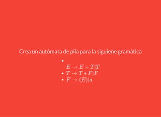 Crea un autómata de pila para la siguiene gramática
E → E + T |T
T → T ∗ F |F
F → (E)|a