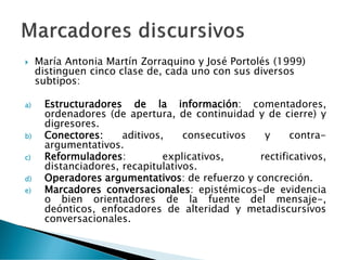  María Antonia Martín Zorraquino y José Portolés (1999)
distinguen cinco clase de, cada uno con sus diversos
subtipos:
a) Estructuradores de la información: comentadores,
ordenadores (de apertura, de continuidad y de cierre) y
digresores.
b) Conectores: aditivos, consecutivos y contra-
argumentativos.
c) Reformuladores: explicativos, rectificativos,
distanciadores, recapitulativos.
d) Operadores argumentativos: de refuerzo y concreción.
e) Marcadores conversacionales: epistémicos-de evidencia
o bien orientadores de la fuente del mensaje-,
deónticos, enfocadores de alteridad y metadiscursivos
conversacionales.
 