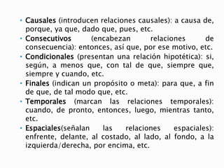 • Causales (introducen relaciones causales): a causa de,
porque, ya que, dado que, pues, etc.
• Consecutivos (encabezan relaciones de
consecuencia): entonces, así que, por ese motivo, etc.
• Condicionales (presentan una relación hipotética): si,
según, a menos que, con tal de que, siempre que,
siempre y cuando, etc.
• Finales (indican un propósito o meta): para que, a fin
de que, de tal modo que, etc.
• Temporales (marcan las relaciones temporales):
cuando, de pronto, entonces, luego, mientras tanto,
etc.
• Espaciales(señalan las relaciones espaciales):
enfrente, delante, al costado, al lado, al fondo, a la
izquierda/derecha, por encima, etc.
 