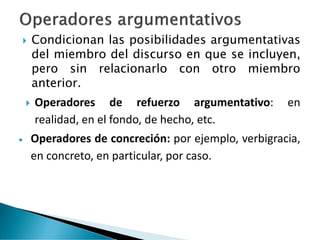  Condicionan las posibilidades argumentativas
del miembro del discurso en que se incluyen,
pero sin relacionarlo con otro miembro
anterior.
 Operadores de refuerzo argumentativo: en
realidad, en el fondo, de hecho, etc.
• Operadores de concreción: por ejemplo, verbigracia,
en concreto, en particular, por caso.
 