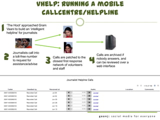vHelp: Running a mobile
                           callcentre/helpline

1
    „The Hoot‟ approached Gram
    Vaani to build an „intelligent
    helpline‟ for journalists




2
        Journalists call into
                                                                    Calls are archived if

                                 3                              4
        a toll-free number           Calls are patched to the       nobody answers, and
        to request for               closest first response         can be reviewed over a
        assistance/advise            network of volunteers          web interface
                                     and staff




                                                                     goonj: social media for everyone
 