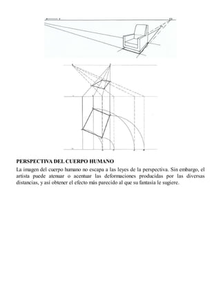 PERSPECTIVA DEL CUERPO HUMANO
La imagen del cuerpo humano no escapa a las leyes de la perspectiva. Sin embargo, el
artista puede atenuar o acentuar las deformaciones producidas por las diversas
distancias, y así obtener el efecto más parecido al que su fantasía le sugiere.
 