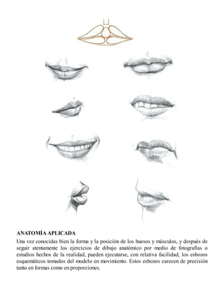 ANATOMÍA APLICADA
Una vez conocidas bien la forma y la posición de los huesos y músculos, y después de
seguir atentamente los ejercicios de dibujo anatómico por medio de fotografías o
estudios hechos de la realidad, pueden ejecutarse, con relativa facilidad, los esbozos
esquemáticos tomados del modelo en movimiento. Estos esbozos carecen de precisión
tanto en formas como en proporciones.
 