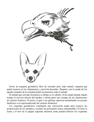 Existe un esquema geométrico fácil de recordar para cada animal, esquema que
puede trazarse en las dimensiones y posición deseadas. Después, con la ayuda de los
apuntes tomados de la realidad podrá reconstruirse todo el animal.
El animal que con más frecuencia se dibuja es el caballo: él ha estado durante mucho
tiempo al servicio directo del hombre, y forma parte casi siempre de las ilustraciones
de carácter histórico. El perro, el gato y las gallinas aparecen normalmente en escenas
familiares o en representaciones de carácter doméstico.
Los esquemas geométricos constituyen una valiosísima ayuda para conocer las
proporciones de los animales y resaltar sus principales líneas estructurables. El león, la
leona y el toro de la página siguiente muestran cómo pueden hallarse los esquemas
 
