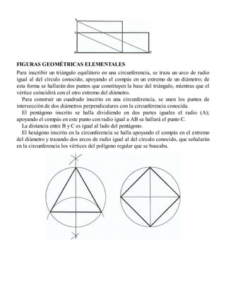 FIGURAS GEOMÉTRICAS ELEMENTALES
Para inscribir un triángulo equilátero en una circunferencia, se traza un arco de radio
igual al del círculo conocido, apoyando el compás en un extremo de un diámetro; de
esta forma se hallarán dos puntos que constituyen la base del triángulo, mientras que el
vértice coincidirá con el otro extremo del diámetro.
Para construir un cuadrado inscrito en una circunferencia, se unen los puntos de
intersección de dos diámetros perpendiculares con la circunferencia conocida.
El pentágono inscrito se halla dividiendo en dos partes iguales el radio (A);
apoyando el compás en este punto con radio igual a AB se hallará el punto C.
La distancia entre B y C es igual al lado del pentágono.
El hexágono inscrito en la circunferencia se halla apoyando el compás en el extremo
del diámetro y trazando dos arcos de radio igual al del círculo conocido, que señalarán
en la circunferencia los vértices del polígono regular que se buscaba.
 