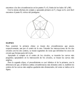 encontrar a las dos circunferencias en los puntos F y G, límite de los lados AF y BG.
Con la misma abertura de compás y apoyando primero en F y luego en G, será fácil
encontrar el punto H, vértice del pentágono.
ELIPSES
Para construir la primera elipse se trazan dos circunferencias que pasen,
respectivamente, una por el centro de la otra. Uniendo las intersecciones de los dos
círculos con los dos centros, se trazan segmentos de recta que delimitan los arcos de
círculo que forman parte del óvalo.
Apoyando el compás en el centro de los círculos, se trazarán las curvas más
pequeñas; apoyándolo en la intersección de los círculos, se trazan las curvas más
amplias.
Para la segunda elipse, el procedimiento es casi idéntico al de la primera, con la
diferencia de que, al hallarse ambas circunferencias más distantes entre sí, también los
centros de las curvas más amplias quedarán más distanciados, tal como se indica en la
figura.
 