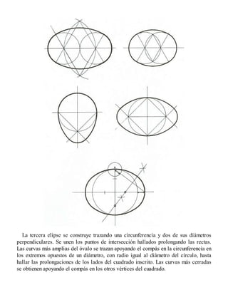 La tercera elipse se construye trazando una circunferencia y dos de sus diámetros
perpendiculares. Se unen los puntos de intersección hallados prolongando las rectas.
Las curvas más amplias del óvalo se trazan apoyando el compás en la circunferencia en
los extremos opuestos de un diámetro, con radio igual al diámetro del círculo, hasta
hallar las prolongaciones de los lados del cuadrado inscrito. Las curvas más cerradas
se obtienen apoyando el compás en los otros vértices del cuadrado.
 