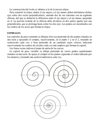 La construcción del óvalo es idéntica a la de la tercera elipse.
Para construir la elipse, dados el eje mayor y el eje menor, deben delimitarse dichos
ejes sobre dos rectas perpendiculares, uniendo dos de sus extremos con un segmento
oblicuo, del que se deducirá la diferencia entre el eje mayor y el eje menor, apoyando
en A. La porción restante de la oblicua debe dividirse en dos partes iguales por una
perpendicular, que se prolonga hasta cortar los dos ejes. Los puntos así encontrados son
los centros de los arcos que forman la elipse.
ESPIRALES
Las espirales de paso constante se dibujan, bien sea partiendo de dos puntos situados en
una recta y apoyando el compás, sucesivamente, en el punto 1 y en el 2, trazando un
semicírculo cada vez, o bien partiendo de un cuadrado cuyos vértices indicarán
sucesivamente los centros de círculos cada vez más amplios que forman la espiral.
Las líneas rectas indican el punto de unión de las curvas.
La espiral de paso variable se dibuja partiendo de varios puntos equidistantes
situados en una recta. Se apoya el compás en los puntos siguiendo el orden indicado por
los números y trazando una semicircunferencia cada vez.
 