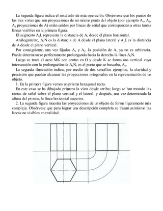 La segunda figura indica el resultado de esta operación. Obsérvese que los puntos de
las tres vistas que son proyecciones de un mismo punto del objeto (por ejemplo A1, A2,
A3 proyecciones de A) están unidos por líneas de señal que corresponden a otras tantas
líneas visibles en la primera figura.
El segmento A1Lrepresenta la distancia de A, desde el plano horizontal.
Análogamente, A1N es la distancia de A desde el plano lateral y A2L es la distancia
de A desde el plano vertical.
Por consiguiente, una vez fijados A1 y A2, la posición de A3 ya no es arbitraria.
Puede determinarse perfectamente prolongando hacia la derecha la línea A1N.
Luego se traza el arco MK con centro en O y desde K se forma una vertical cuya
intersección con la prolongación de A1N, es el punto que se buscaba, A3.
La segunda ilustración indica, por medio de dos sencillos ejemplos, la claridad y
precisión que pueden alcanzar las proyecciones ortogonales en la representación de un
objeto.
1. En la primera figura vemos un prisma hexagonal recto.
En este caso se ha dibujado primero la vista desde arriba; luego se han trazado las
rectas de señal sobre el plano vertical y el lateral, y después, una vez determinada la
altura del prisma, la línea horizontal superior.
2. La segunda figura muestra las proyecciones de un objeto de forma ligeramente más
compleja. Obsérvese que para lograr una descripción completa se trazan asimismo las
líneas no visibles en realidad.
 
