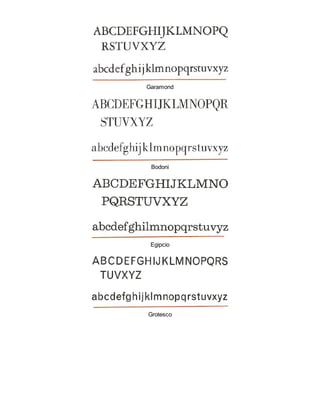 Garamond
Bodoni
Egipcio
Grotesco
 