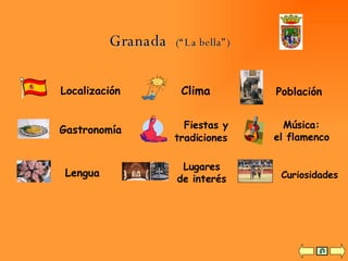 Granada  (“La bella”) Clima Localización Población Lengua Gastronomía Lugares de interés Música: el flamenco Fiestas y tradiciones Curiosidades 